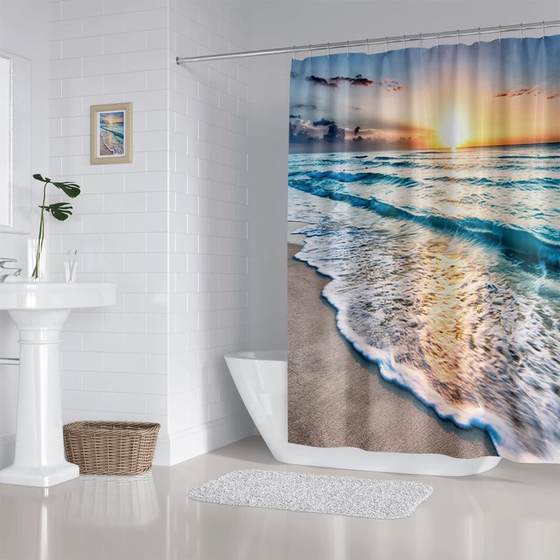 ZXMBF Ocean Shower Curtain Sand Beach Waves Sunrise Lanikai Theme Colorful Offshore Pacific Scenry Pattern Waterproof Fabric Bathroom Decor Set 72x72 Inch Plastic Hooks 12 Pcs Blue - Image 5